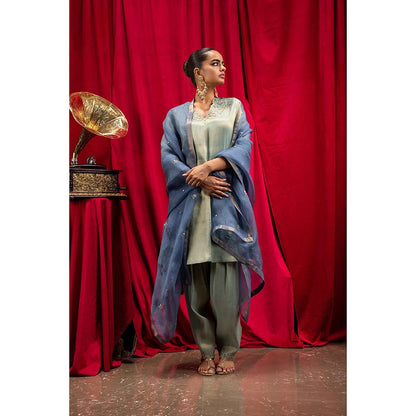 DOHR INDIA Sanya Blue Tissue Short A-Line Kurta with Salwar and Dupatta (Set of 3)