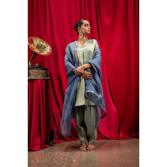 DOHR INDIA Sanya Blue Tissue Short A-Line Kurta with Salwar and Dupatta (Set of 3)