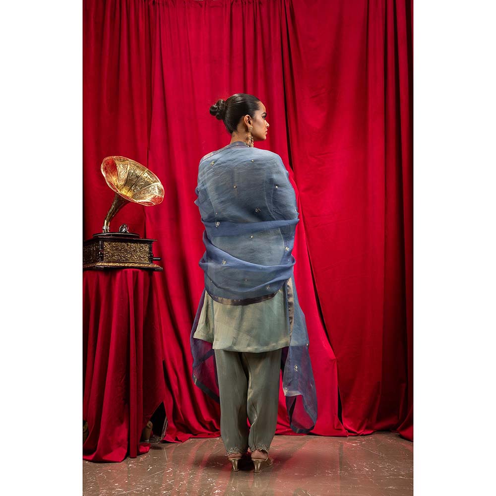 DOHR INDIA Sanya Blue Tissue Short A-Line Kurta with Salwar and Dupatta (Set of 3)