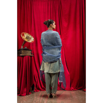 DOHR INDIA Sanya Blue Tissue Short A-Line Kurta with Salwar and Dupatta (Set of 3)