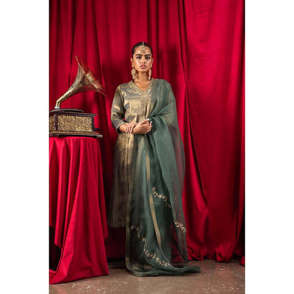 DOHR INDIA Sumira Dark Green Tissue Kurta with Pant and Dupatta (Set of 3)