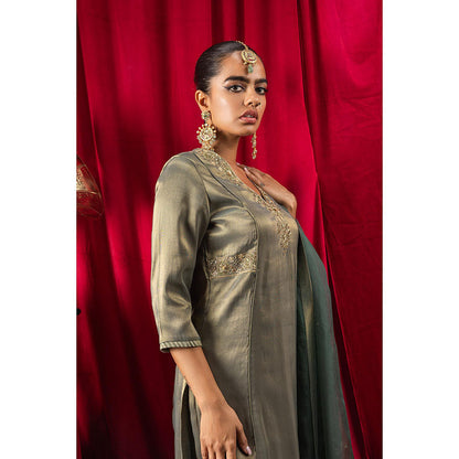 DOHR INDIA Sumira Dark Green Tissue Kurta with Pant and Dupatta (Set of 3)