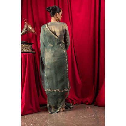 DOHR INDIA Sumira Dark Green Tissue Kurta with Pant and Dupatta (Set of 3)