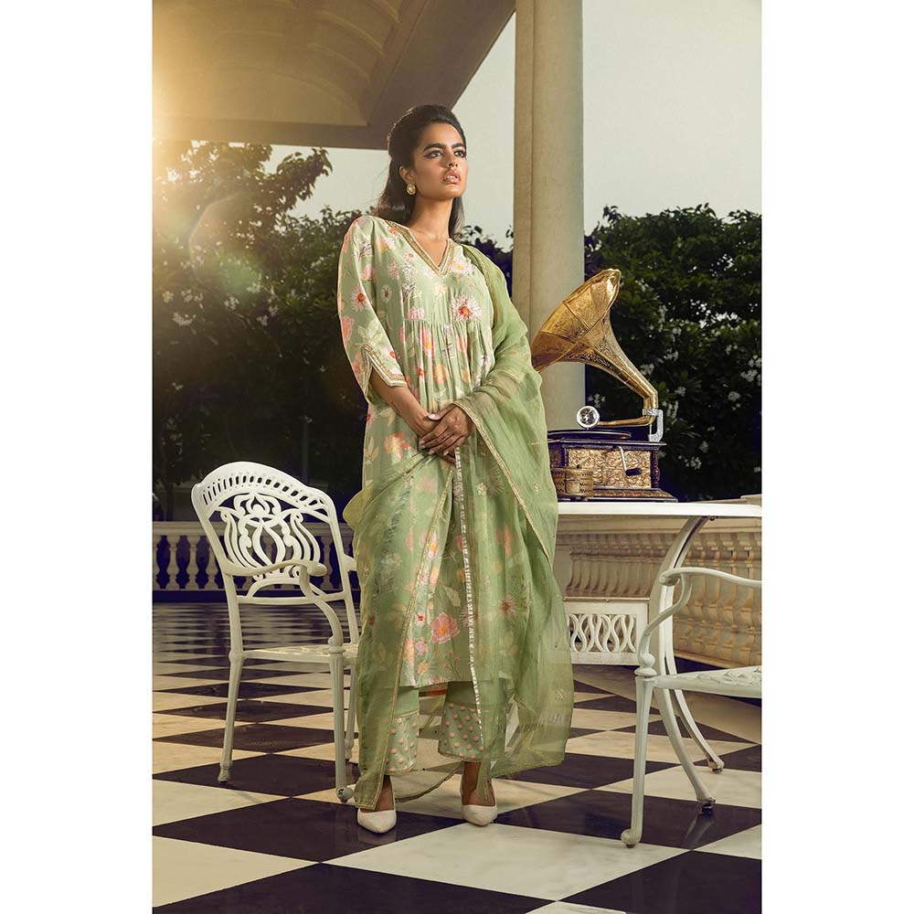 DOHR INDIA Raha Green Floral Printed A-Line Kurta with Pant and Dupatta (Set of 3)