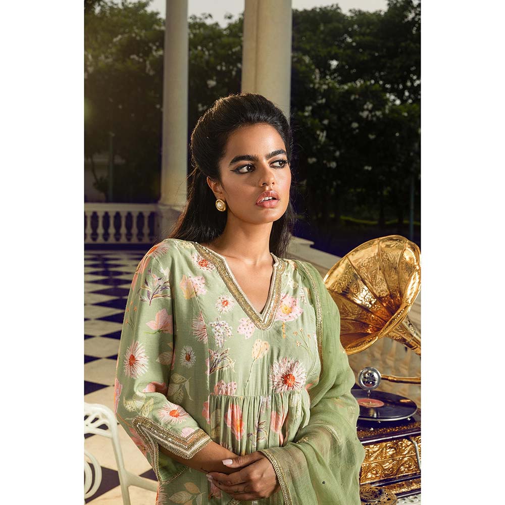 DOHR INDIA Raha Green Floral Printed A-Line Kurta with Pant and Dupatta (Set of 3)