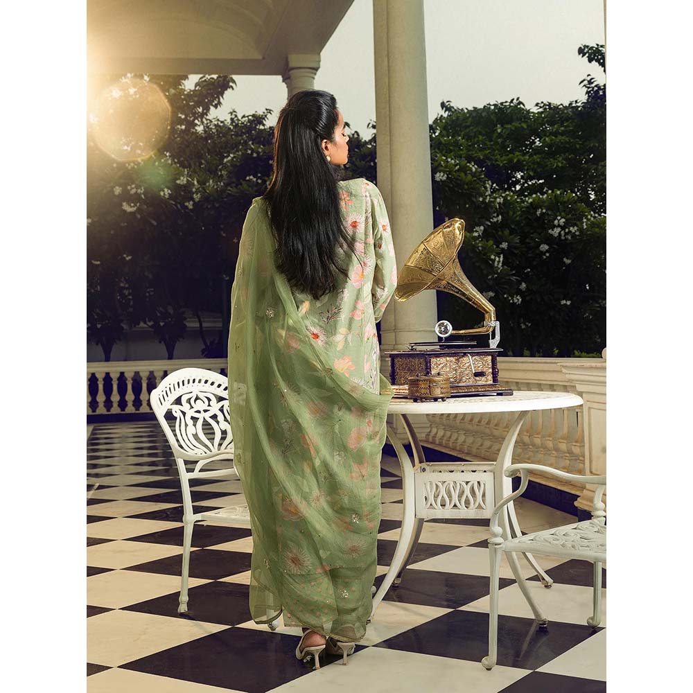 DOHR INDIA Raha Green Floral Printed A-Line Kurta with Pant and Dupatta (Set of 3)