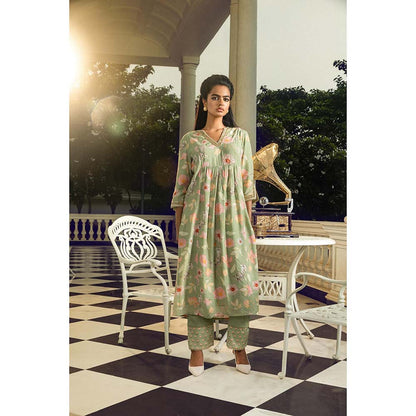 DOHR INDIA Raha Green Floral Printed A-Line Kurta with Pant and Dupatta (Set of 3)