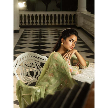 DOHR INDIA Raha Green Floral Printed A-Line Kurta with Pant and Dupatta (Set of 3)