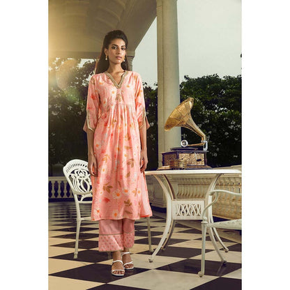 DOHR INDIA Rabia Peach Floral Printed A-Line Kurta with Pant and Dupatta (Set of 3)