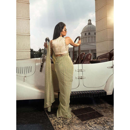 DOHR INDIA Ayra Olive Floral Printed Organza Saree with Unstitched Blouse