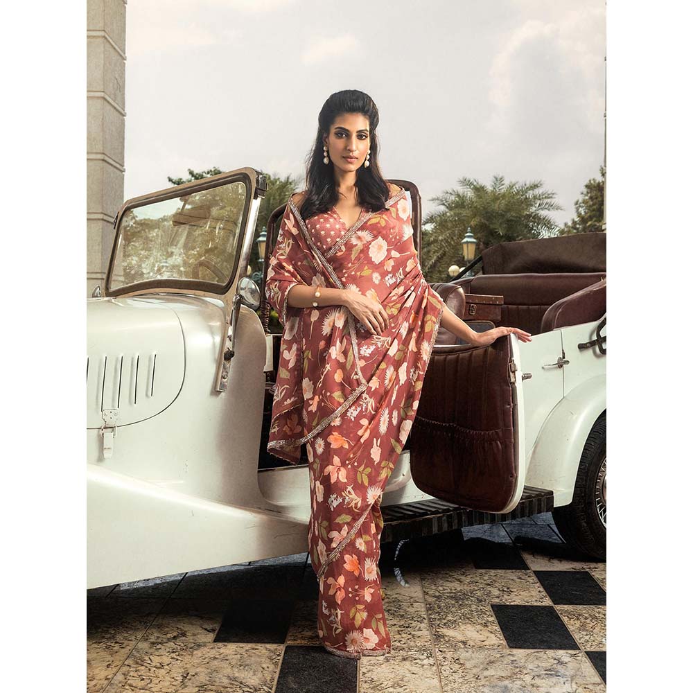 DOHR INDIA Anchal Brick Brown Floral Printed Organza Saree with Unstitched Blouse