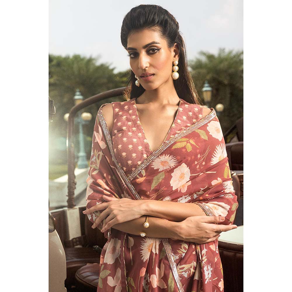 DOHR INDIA Anchal Brick Brown Floral Printed Organza Saree with Unstitched Blouse