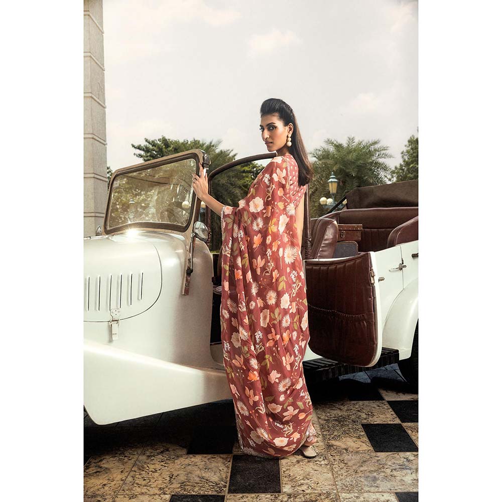 DOHR INDIA Anchal Brick Brown Floral Printed Organza Saree with Unstitched Blouse