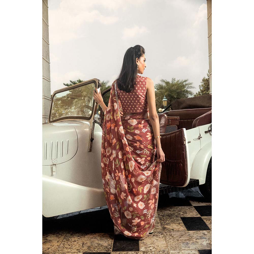 DOHR INDIA Anchal Brick Brown Floral Printed Organza Saree with Unstitched Blouse
