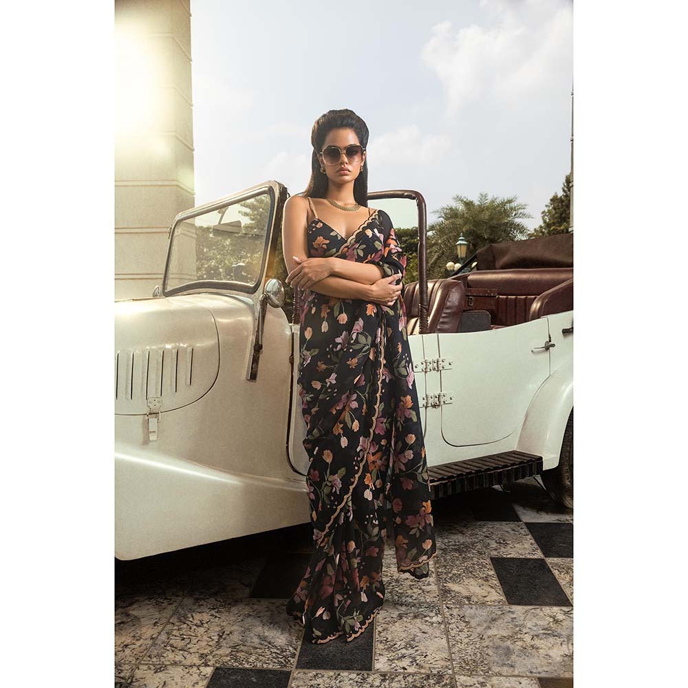 DOHR INDIA Amaira Black Floral Printed Organza Saree with Unstitched Blouse