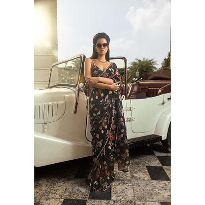 DOHR INDIA Amaira Black Floral Printed Organza Saree with Unstitched Blouse