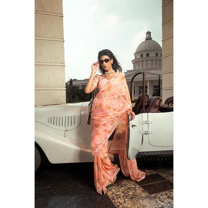 DOHR INDIA Ameera Peach Floral Printed Organza Saree with Unstitched Blouse