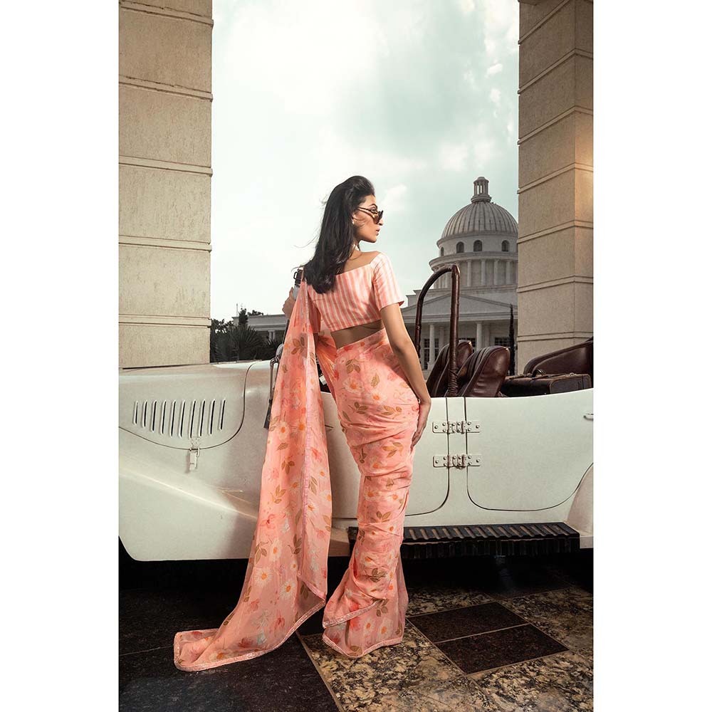 DOHR INDIA Ameera Peach Floral Printed Organza Saree with Unstitched Blouse