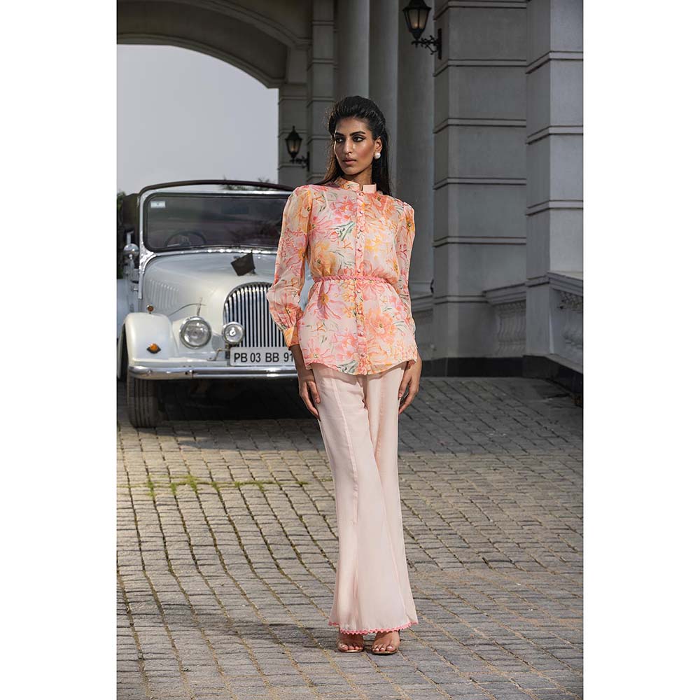 DOHR INDIA Delilah Orange Floral Printed Organza Blouse Inner with Belt and Pant (Set of 4)