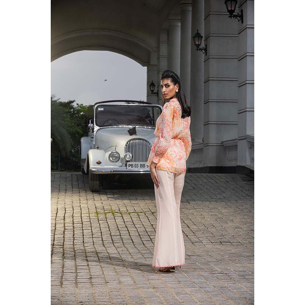 DOHR INDIA Delilah Orange Floral Printed Organza Blouse Inner with Belt and Pant (Set of 4)