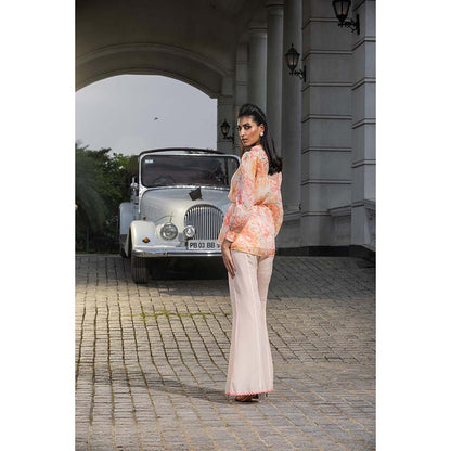 DOHR INDIA Delilah Orange Floral Printed Organza Blouse Inner with Belt and Pant (Set of 4)