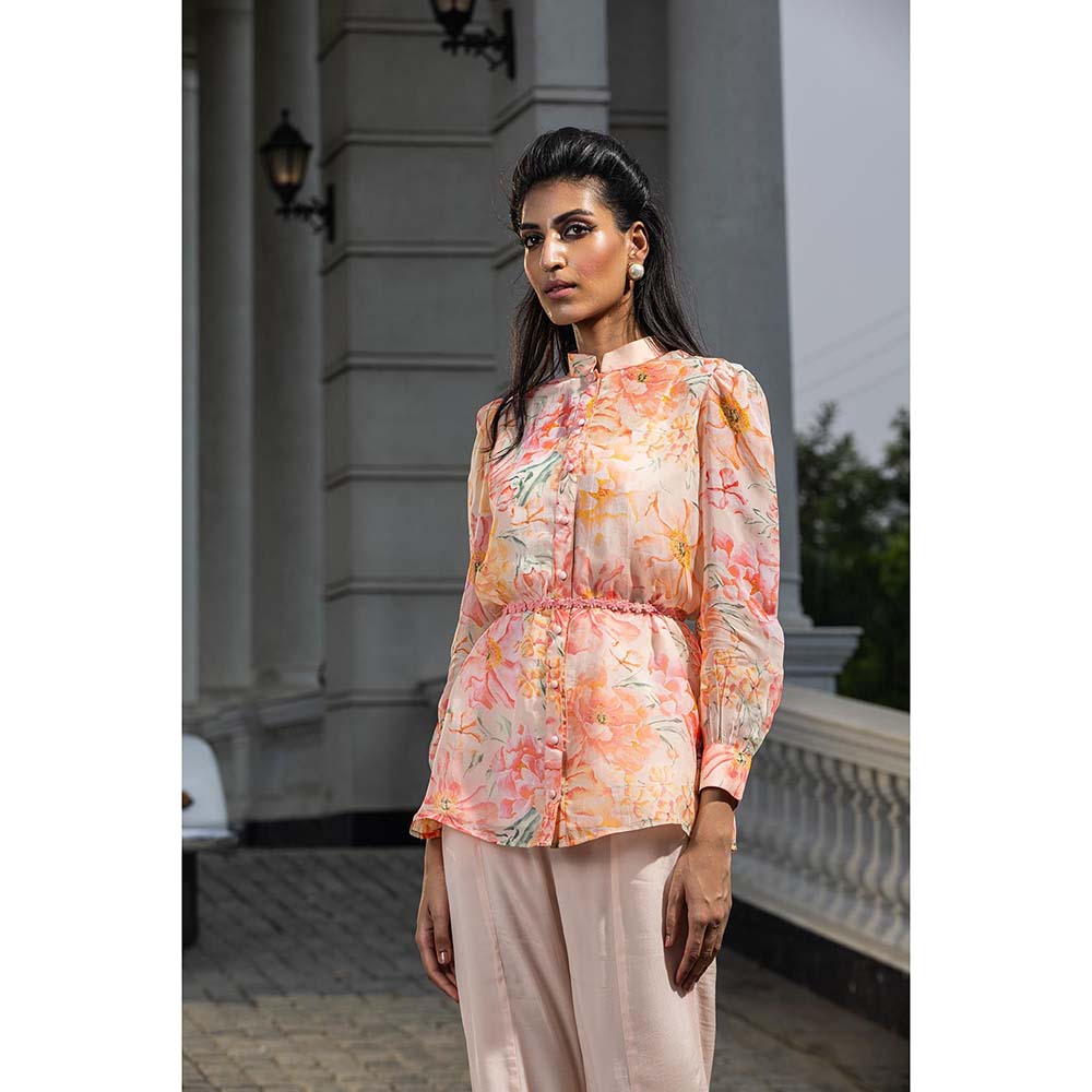 DOHR INDIA Delilah Orange Floral Printed Organza Blouse Inner with Belt and Pant (Set of 4)