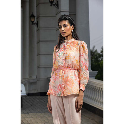 DOHR INDIA Delilah Orange Floral Printed Organza Blouse Inner with Belt and Pant (Set of 4)