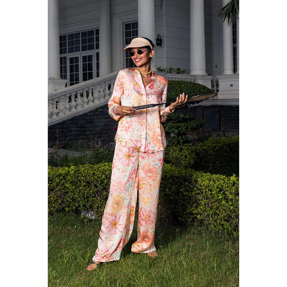 DOHR INDIA Carla Pink Floral Printed Satin Co-Ord (Set of 2)