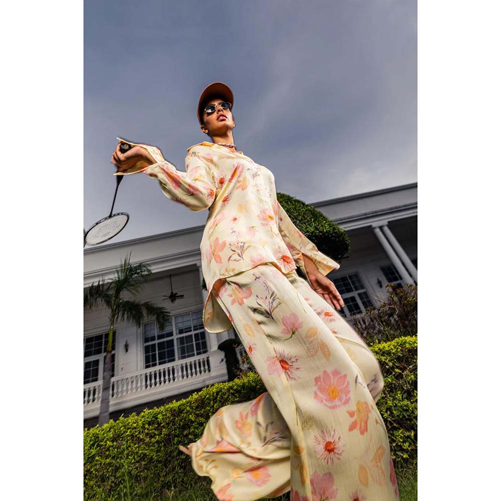 DOHR INDIA Stella Yellow Floral Printed Satin Co-Ord (Set of 2)