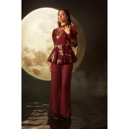 DOHR INDIA Paige Maroon Foil Printed Top with Pant and Inner (Set of 3)