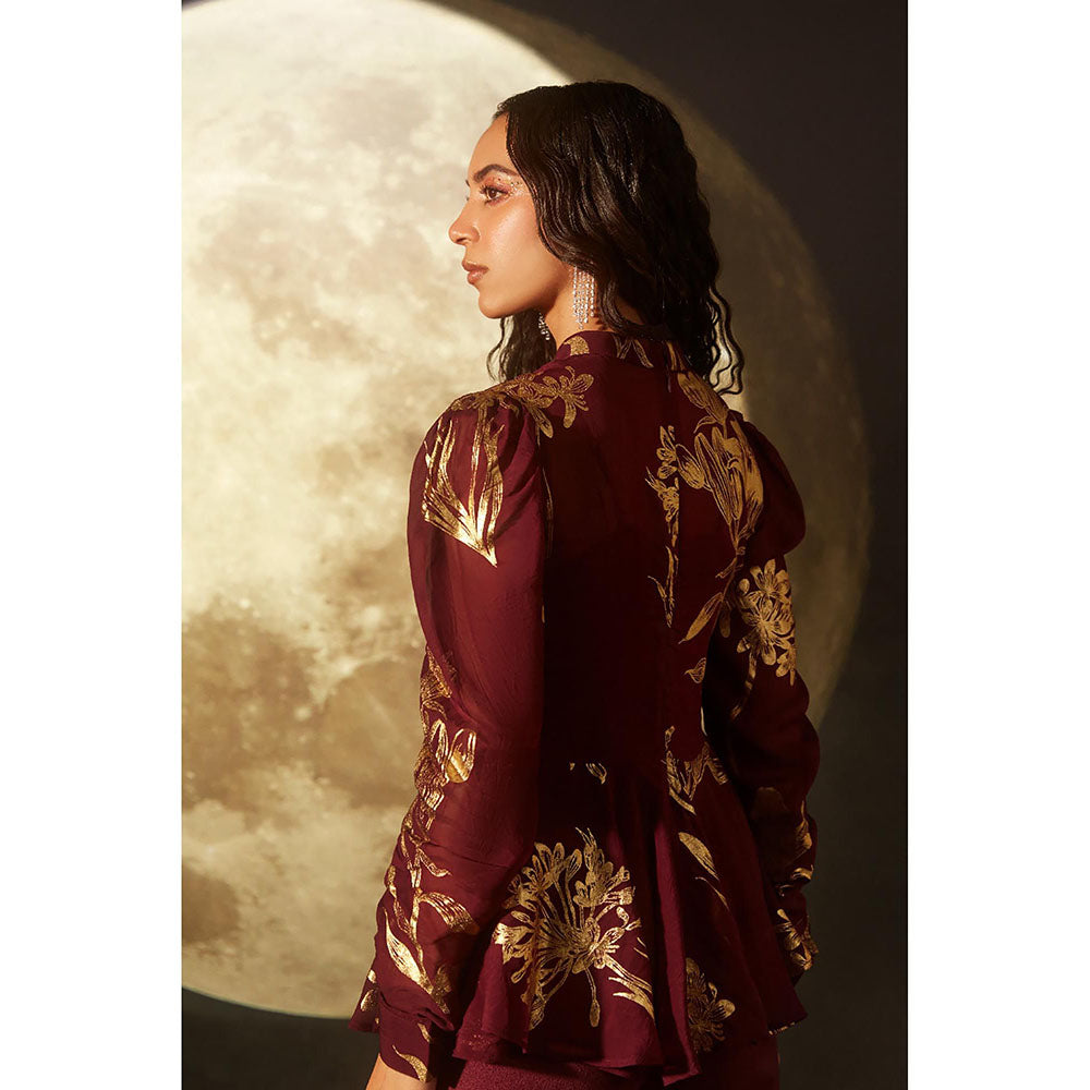 DOHR INDIA Paige Maroon Foil Printed Top with Pant and Inner (Set of 3)