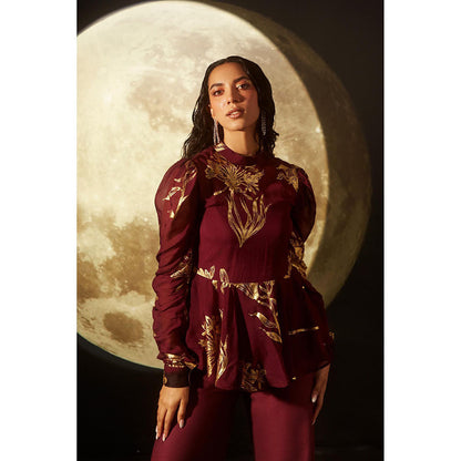 DOHR INDIA Paige Maroon Foil Printed Top with Pant and Inner (Set of 3)