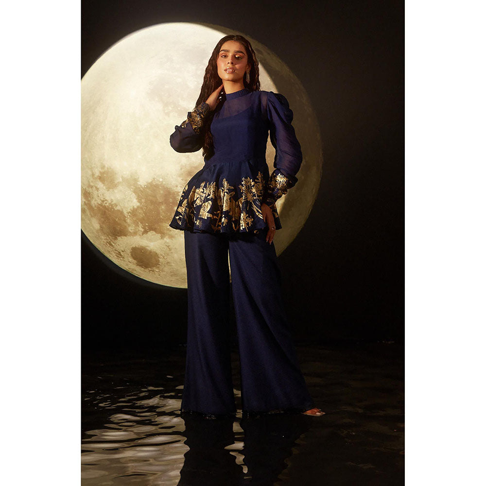 DOHR INDIA Fiona Deep Blue Foil Printed Top with Pant and Inner (Set of 3)