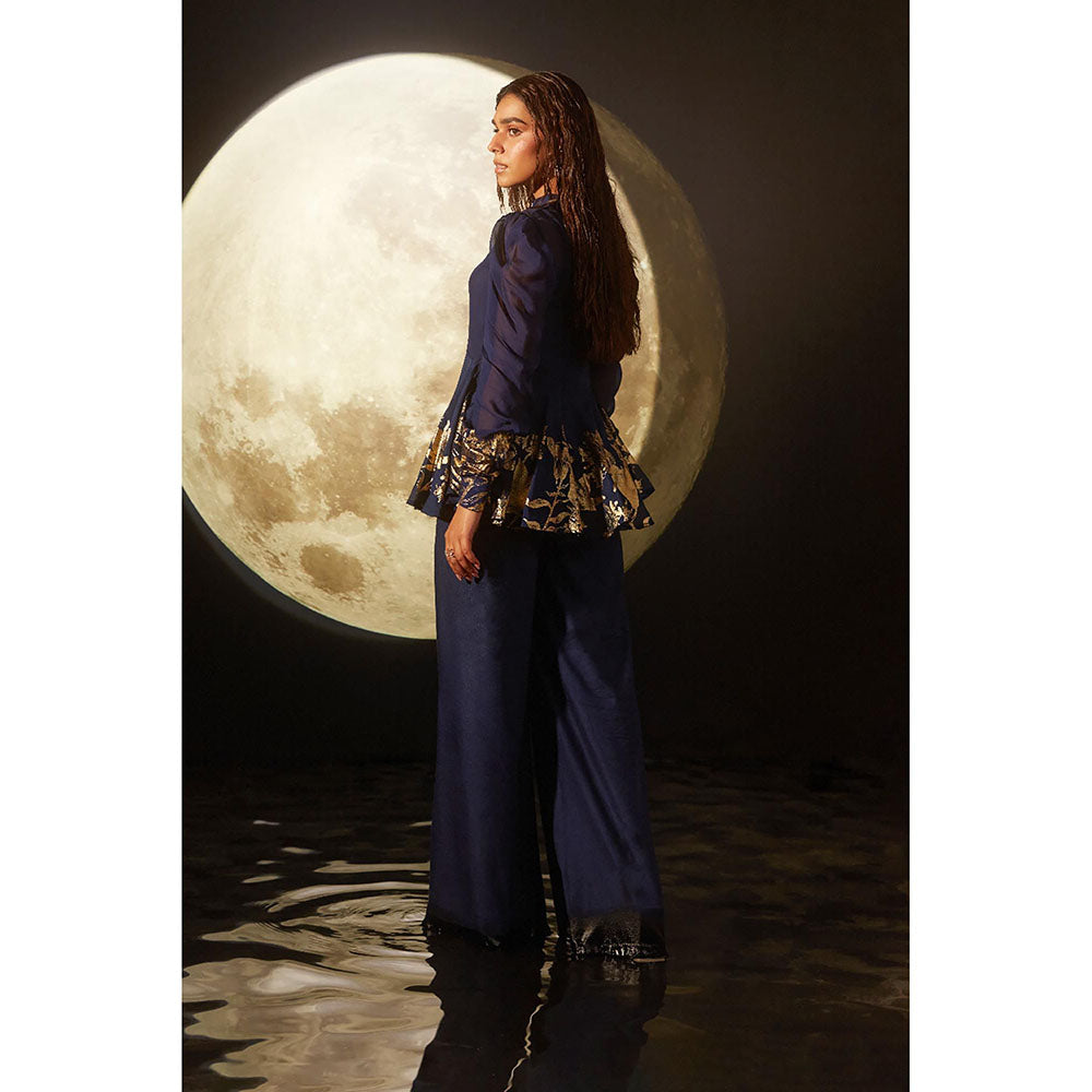 DOHR INDIA Fiona Deep Blue Foil Printed Top with Pant and Inner (Set of 3)