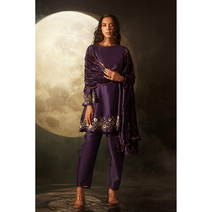 DOHR INDIA Sukoon Purple Silk A-Line Kurta With Pant and Velvet Dupatta (Set of 3)