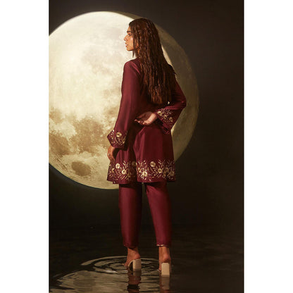 DOHR INDIA Inayat Maroon Silk Chanderi A-Line Kurta With pant and Velvet Dupatta (Set of 3)