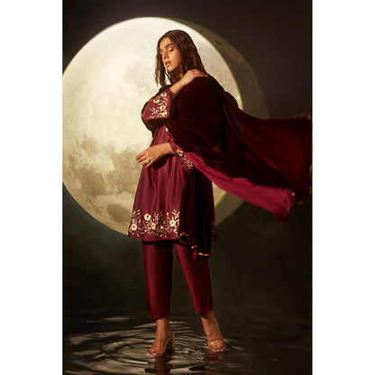 DOHR INDIA Inayat Maroon Silk Chanderi A-Line Kurta With pant and Velvet Dupatta (Set of 3)