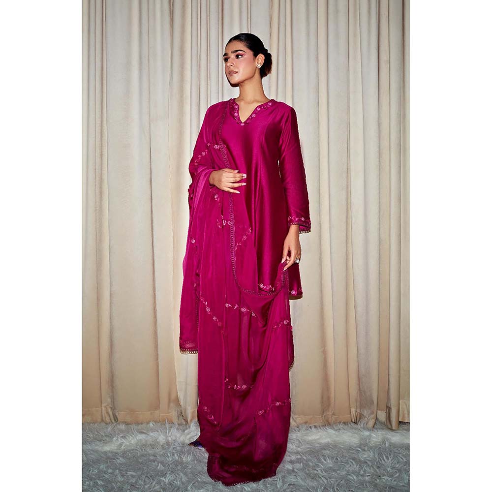 DOHR INDIA Inaya Pink Silk Chanderi A-Line Short Kurta with Pant and Dupatta (Set of 3)