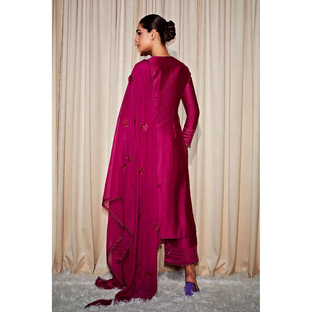 DOHR INDIA Saba Pink Silk Chanderi Kurta with Palazzo and Dupatta (Set of 3)