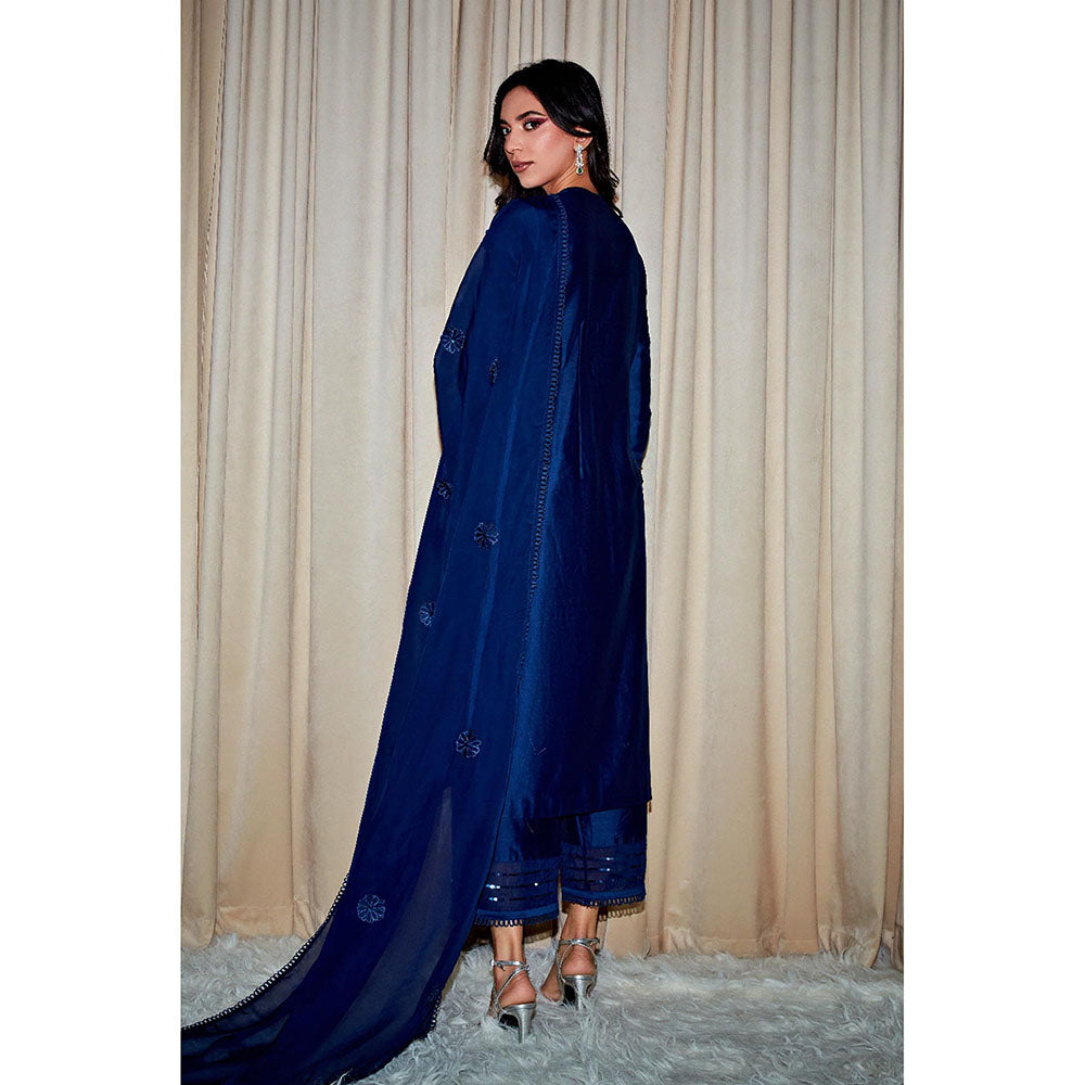 DOHR INDIA Suhana Blue Silk Chanderi Kurta with Palazzo and Dupatta (Set of 3)