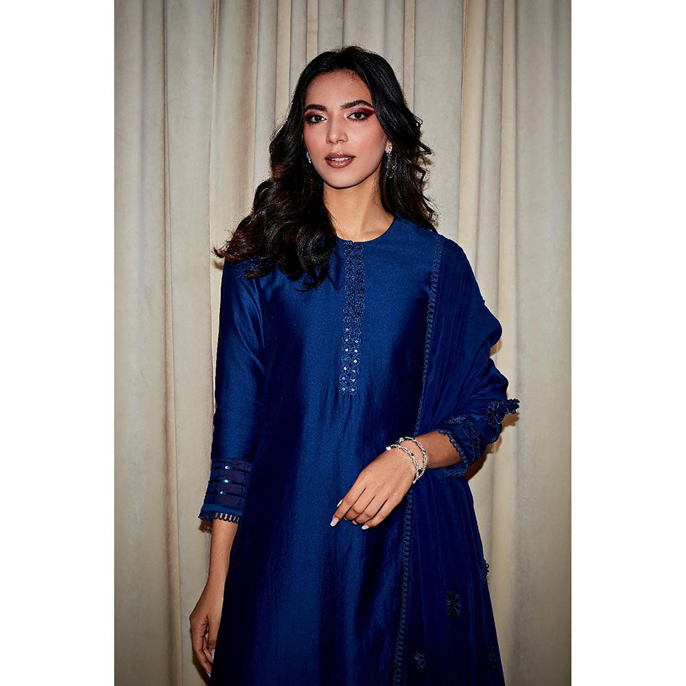 DOHR INDIA Suhana Blue Silk Chanderi Kurta with Palazzo and Dupatta (Set of 3)