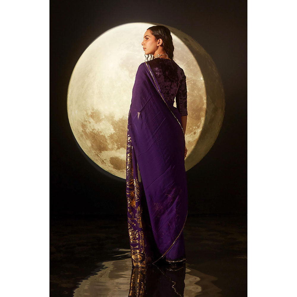 DOHR INDIA Aarna Deep Purple Floral Foil Printed Organza Saree with Unstitched Blouse