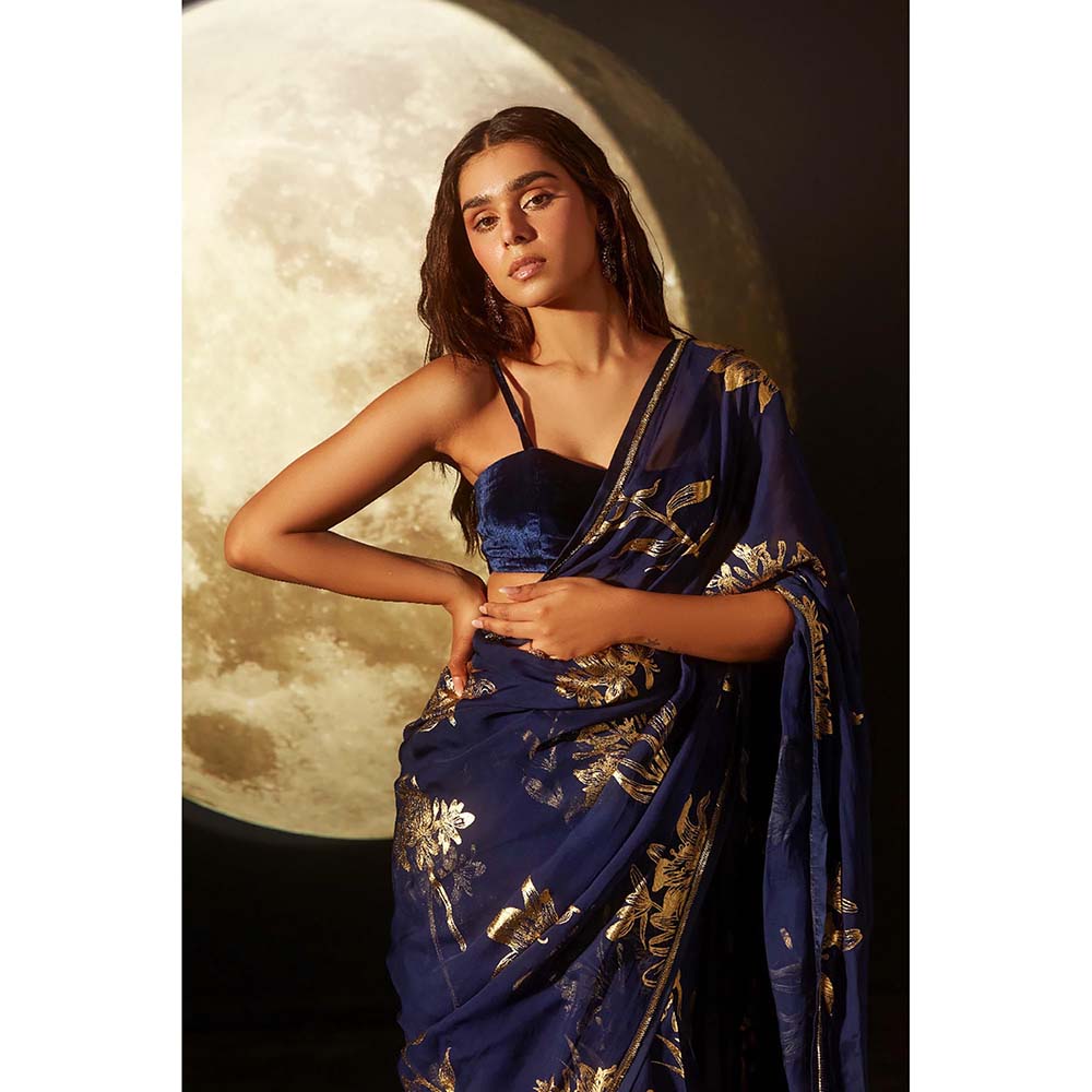 DOHR INDIA Aayat Deep Blue Floral Foil Printed Organza Saree with Unstitched Blouse