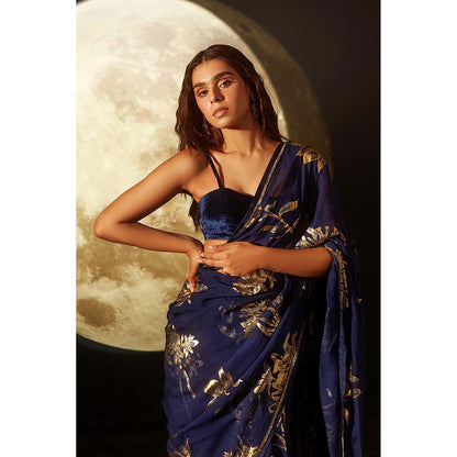 DOHR INDIA Aayat Deep Blue Floral Foil Printed Organza Saree with Unstitched Blouse