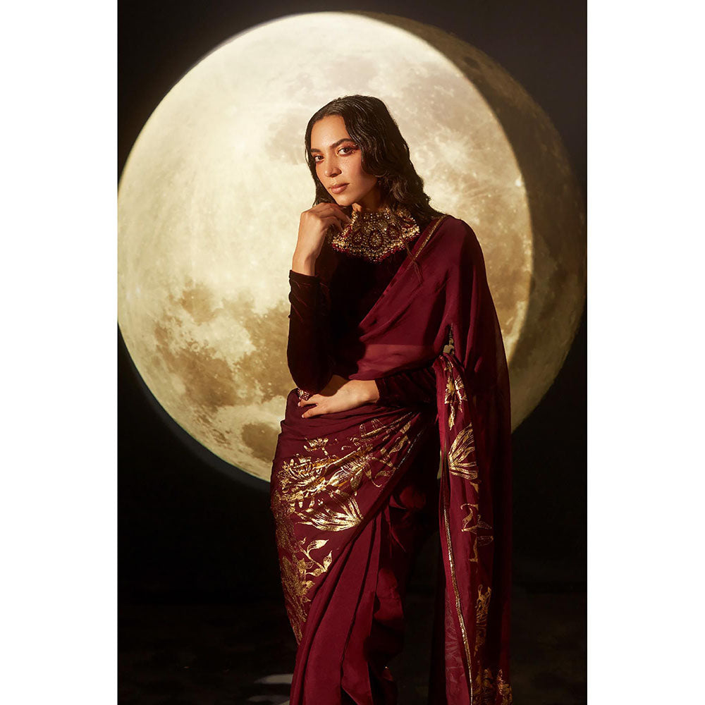DOHR INDIA Aaina Maroon Floral Foil Printed Organza Saree with Unstitched Blouse