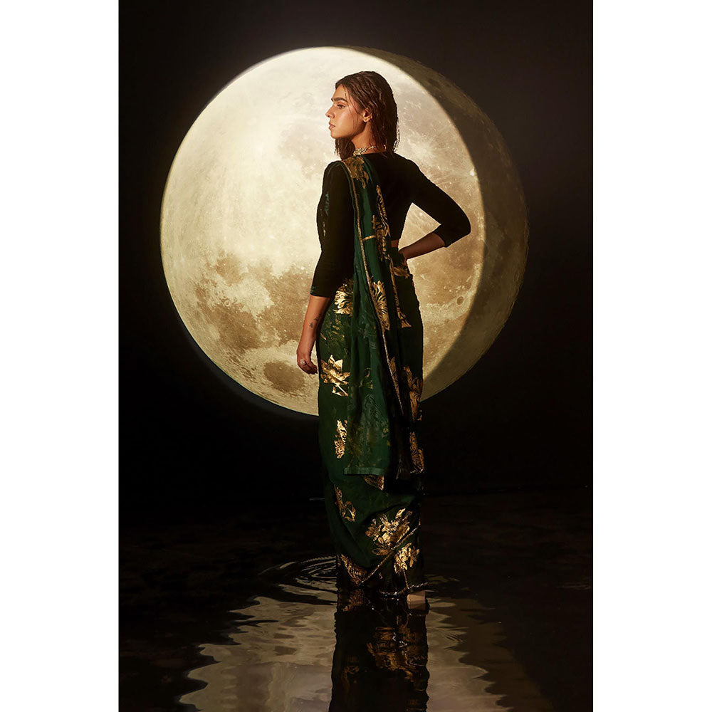 DOHR INDIA Alizeh Green Floral Foil Printed Organza Saree with Unstitched Blouse