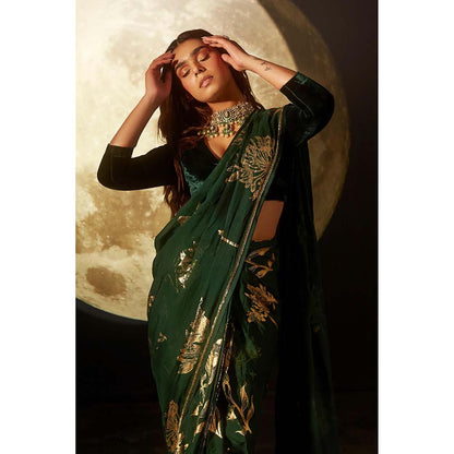 DOHR INDIA Alizeh Green Floral Foil Printed Organza Saree with Unstitched Blouse