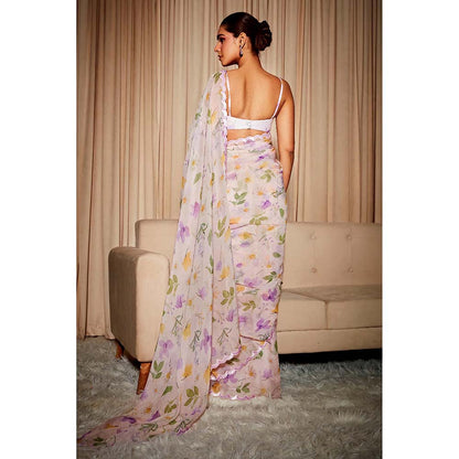 DOHR INDIA Alina Off White Floral Printed Organza Saree with Unstitched Blouse