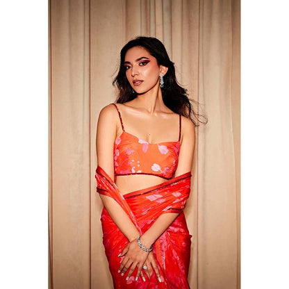 DOHR INDIA Amelia Red & Pink Floral Printed Organza Saree with Unstitched Blouse