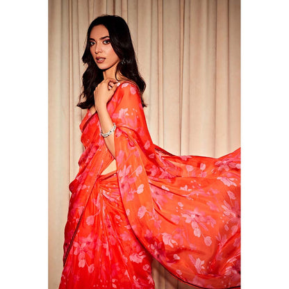 DOHR INDIA Amelia Red & Pink Floral Printed Organza Saree with Unstitched Blouse